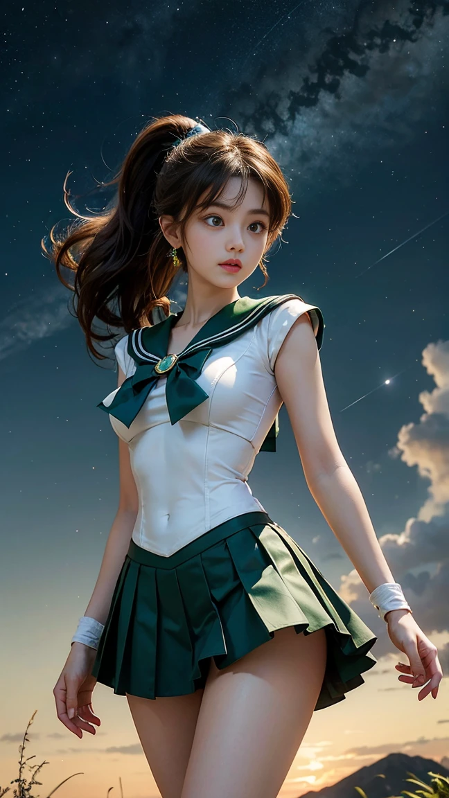   Masterpiece ,  It's high definition  ,8k resolution, It's high definition  model, Sailor Moon Jupiter ,  Beautiful Young Japanese Woman  ,1 person, Stunning High  , Little Smiles , Jupiter and Space Background  ,(  Green Sailor Warrior Uniform ),  Green Ultra Short Mini Skirt  ,  beautiful face, cute type,baby face,Slightly round face,Beautiful green eyes,  big eyes,Obvious double, Sparkling eye highlights,   Big Natural Colored Lips   , Light brown long hair ,  ponytail,  Beautiful Asymmetric Bang  ,   Floating Hair Nova Frog Style,   super real,  anatomically accurate  , textured skin,   perfect figure  ,  beautiful legs,  thick thighs  ,Big Breasts, balanced figure,