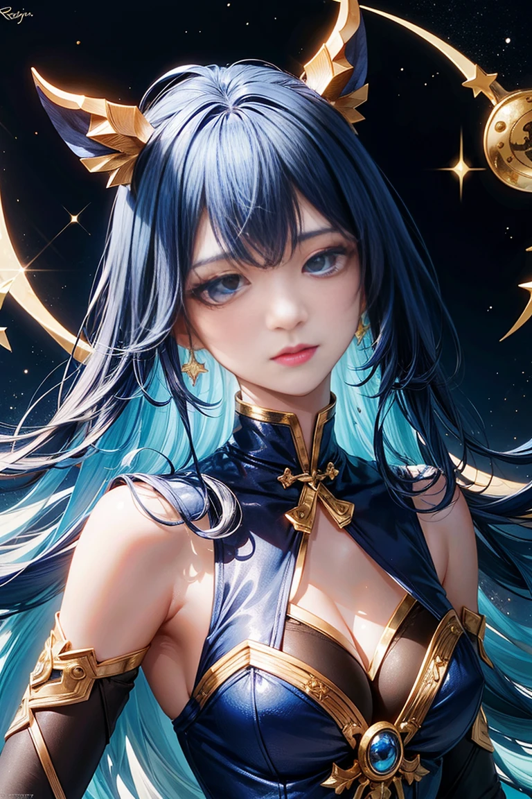 （melhor qualidade，Ultra - Detalhado，best illustration，Melhor sombra，tmasterpiece，A high resolution，ProfissionalArtwork，obras de arte famosas），Olhos detalhados，Olhos belos，scientific fiction，esclera colorida，robot eyes，marcas faciais，Tatuado com，（fractalizado，olhos fractais）, Cosmic eyes，Olhos espaciais，corpo da escultura de metal de uma mulher com uma lua em seu cabelo，deusas。Detalhe extremamente alto，Retrato da deusa 3D，Imagens extremamente detalhadas da deusa，Um retrato impressionante de uma deusa，Imagem lateral da deusa，Retrato de uma bela deusa，Retrato de corpo inteiro da deusa，hecate goddess，portrait of a norse moon goddess，goddess of space and time
