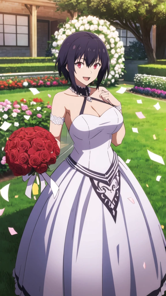 masterpiece, best quality, girl, solo, looking at viewer, anos_voldigoad, black hair, red eyes, large breasts, wedding Dress, standing, garden, confetti, holding bouquet, smile, open mouth,