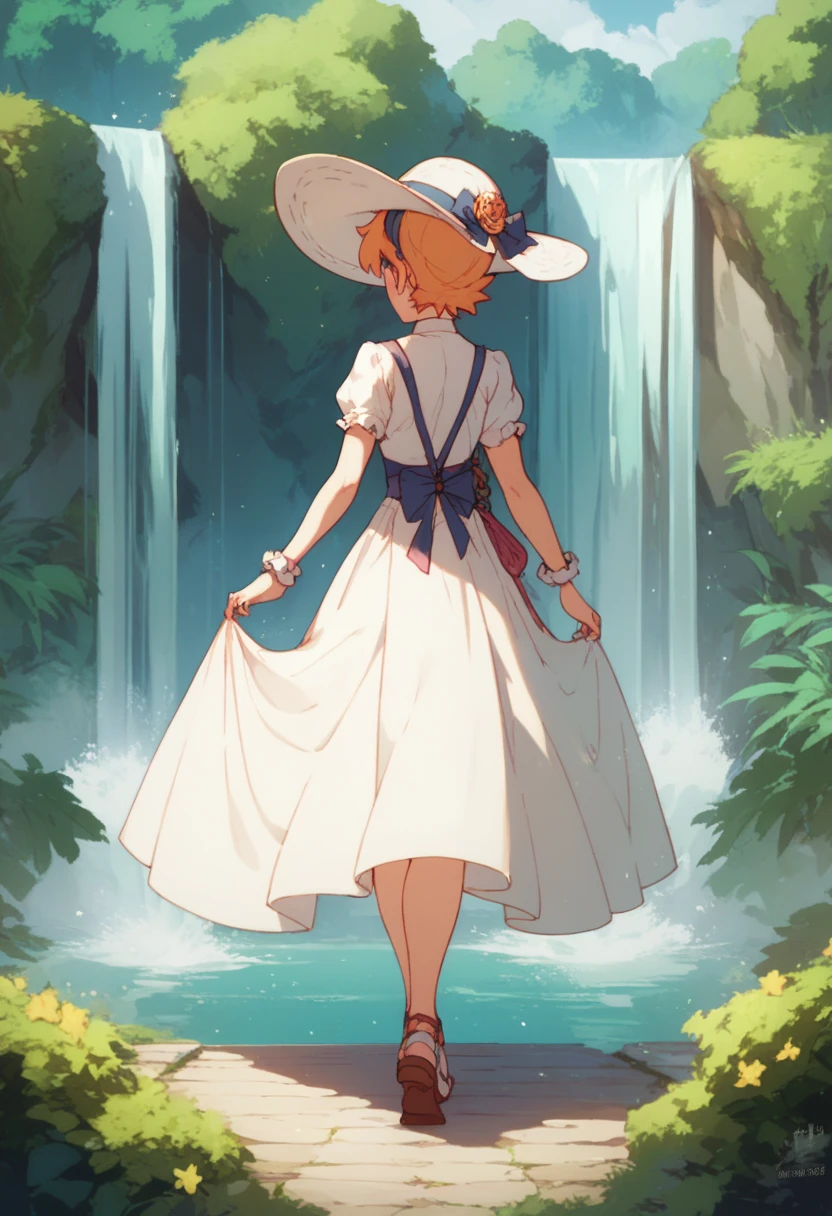  Lotte Jasson beautiful ,  with a white cloth hat,and a beautiful dress , walking through a waterfall 