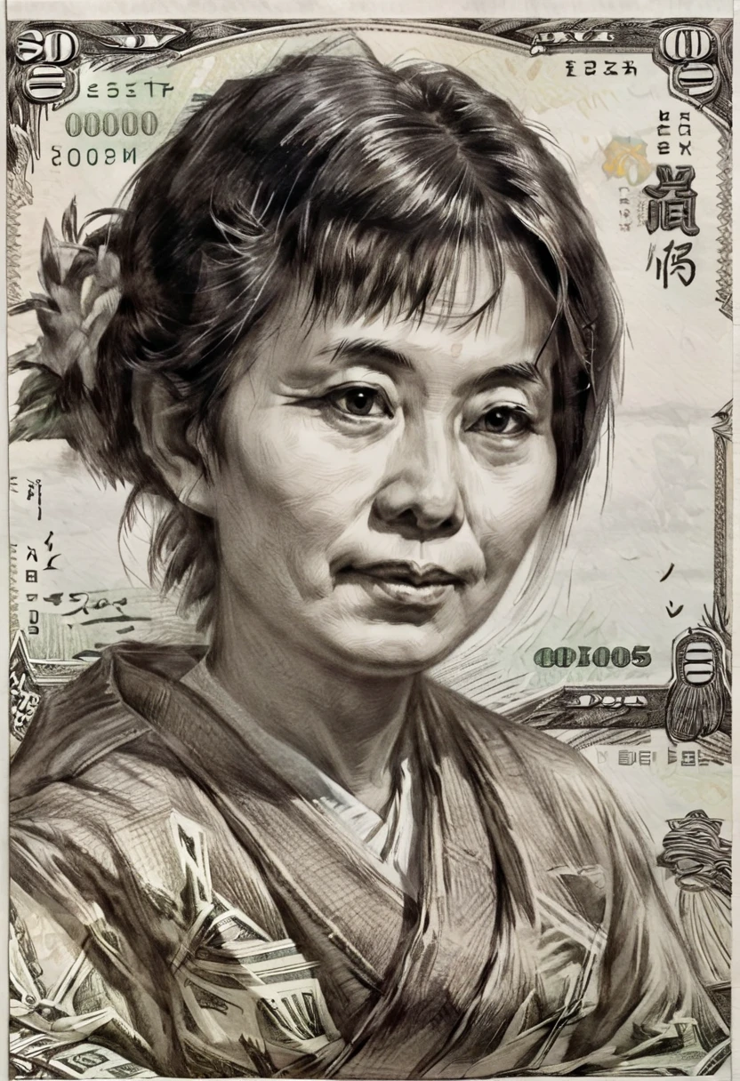 Portrait of a person on a paper currency, a dignified Japanese woman, monochrome, elderly,kodew