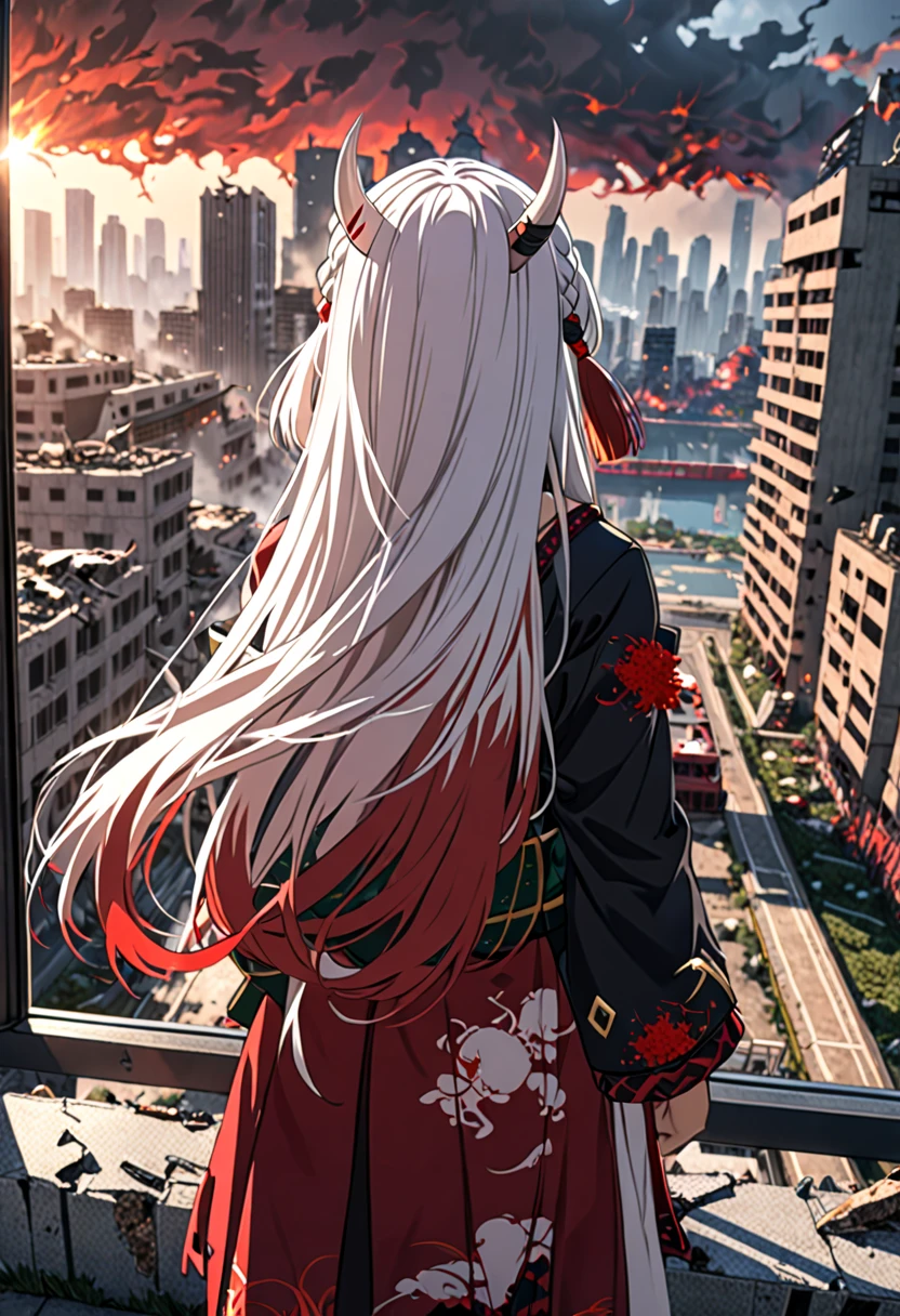 8K Ultra High-Quality, ultra-detailed, High quality, Nakiri ayame, white oni horns, long hair, back view, arms on the back, standing infront of window, modern bedroom, destroyed city background, burning background