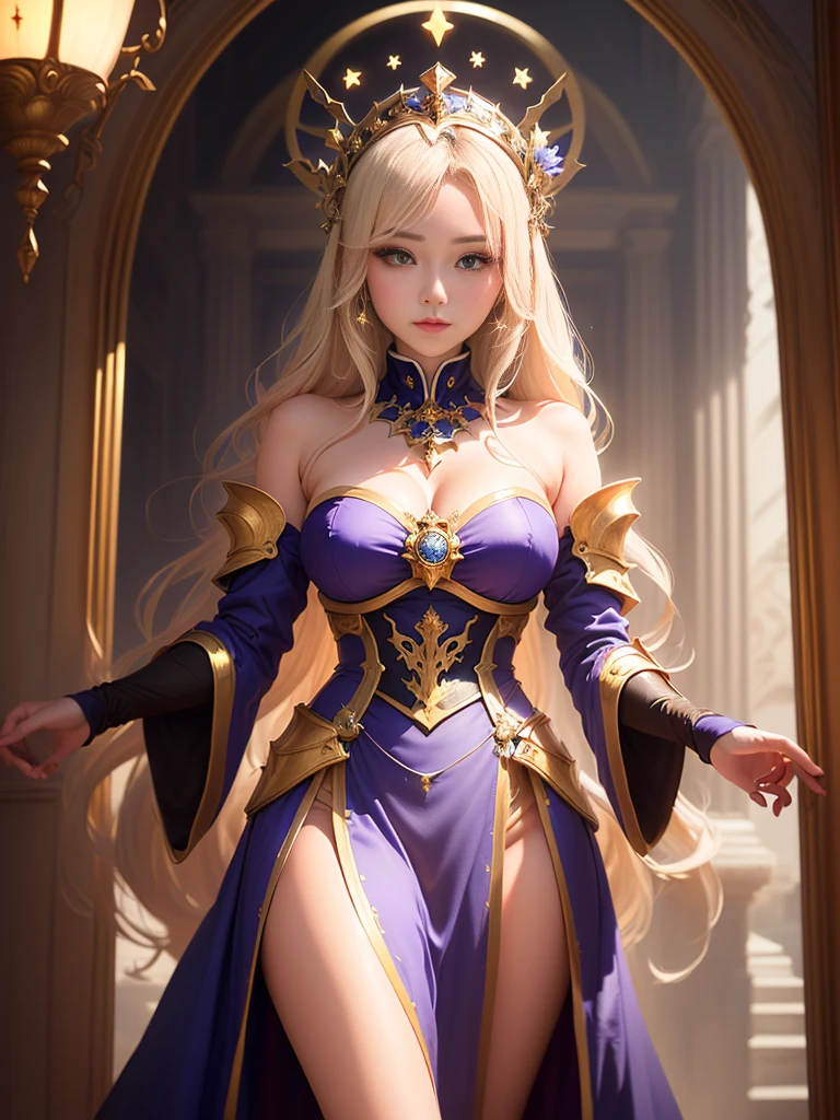((Princess Zelda from The legend of zelda series))(she has big glowing blue eyes)(bright red lips) ((long blonde straight hair))(dark eyeshadows make up)((very huge breasts)) (perfect slim body) ((wear purple dress with gold ornament))(crown, white gloves) ((posing sexy in hyrule castle))(masterpiece, high definition, volumetric lights and dinamic shadows)((masterpiece))(8k)(perfect face)(ultra details) (perfect hands, eyes, and face) (luma star flying around)