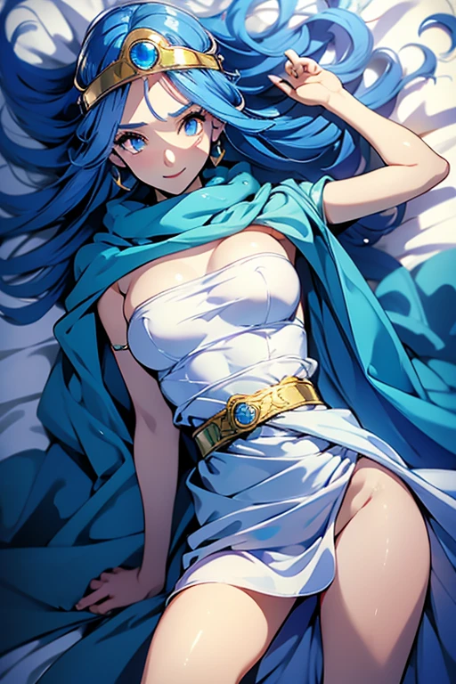  best quality, sage,  Dragon Quest 3 , Blue Hair, Attach a gold ring with a gemstone embedded in it to your forehead,  white dress,  Blue Cloak,  IN BED, ((Young face)),  lying on your back ,   crotch,  (( smaller breasts)). (smile),  open her mouth 