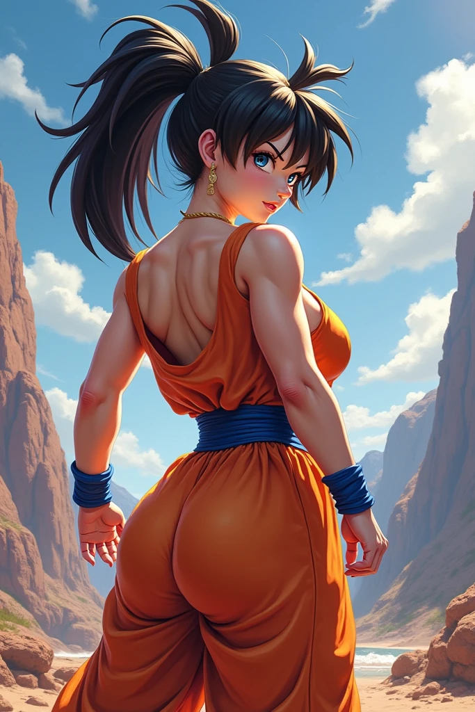 Obra maestra, ultra definition, Maximum details, mujer tipo europea hermosa, mujer sexy, skinny, mujer perfecta, poderosa, mujer saiyajin, heroin, dressed in iconic Goku costume, mini falda corta y puedo observar su pantie color rosa, Orange low-cut minitop with the Dragon Ball logo, puedo observar parte de sus senos, has blue wristbands, botas adoenadas color azul, abdomen ejercitado, cinta azul de artes marciales rodea su falda, ojos azules, esta transformada en super saiyajin, cabello rubio y hermoso brilla como el sol, esta elevando su ki, su aura es resplandeciente y esta iluminando todo a su alrededor, It is in the destroyed city of Tokyo Japan, su ki eleva piedras y basura a su alrededor, nariz hermosa, manos perfectas, Dramatic background, realista