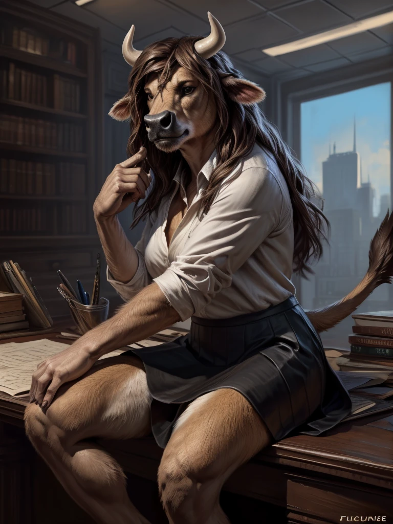 Sharp focus, masterpiece, 8k, intricate artwork, hyper detailed, high detail, best quality, perfect colors, perfect shadows, perfect lighting, (by Taran Fiddler, by Chunie, by Rukis, Bonifasko lighting), (epic, masterpiece:1.2),

(bust shot, solo, posing for the camera, side view),

correct anatomy, detailed eyes, anthro cow, female, feminine, middle-aged, bovine ears, bovine tail, small horns, nails on hand, (high hocks, hoofed legs, cow legs), (big breasts, soft breasts, saggy breasts), very long hair,

(light-yellow fur, white front fur:1.3, white hands:1.3, white legs fur:1.3, brown hair),

(short sleeve shirt, black pants, tight pants),

(standing),

(office)
