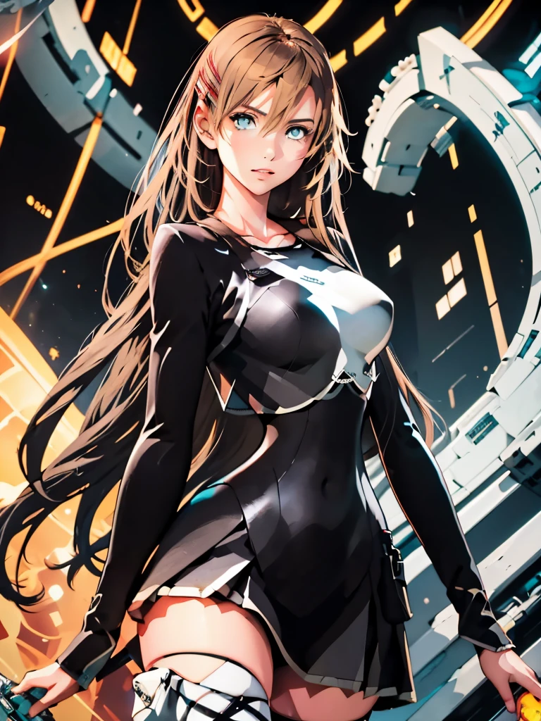 (  Masterpiece ,  best quality),  1 girl, Hiiragi Asuka , hairpin,  black,  black shirt ,  Long Sleeve ,   black skirt  ,  detailed background with white knee-high ,