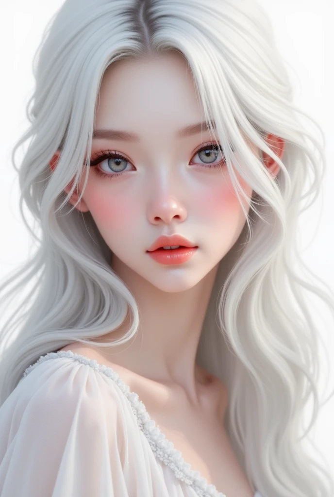 Medusa, white fox ears, blank background, big breast, pale skin, full body