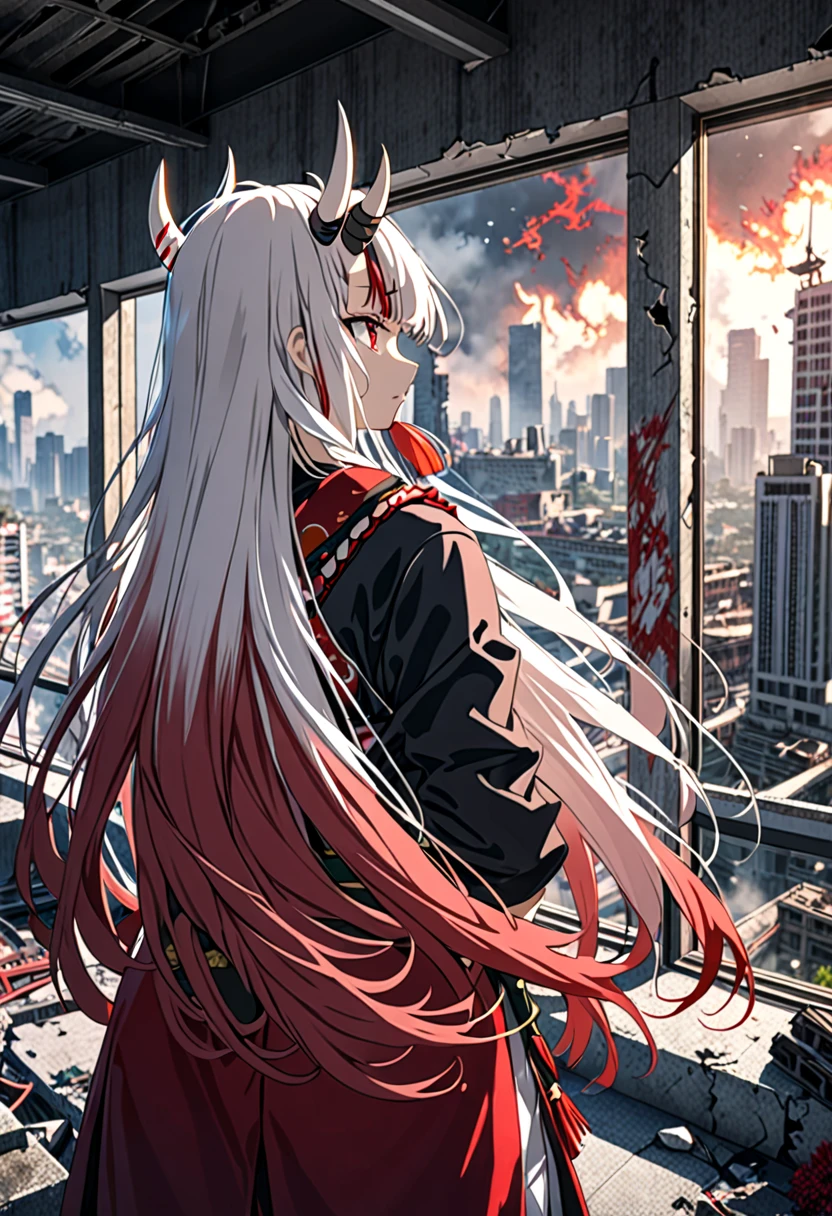 8K Ultra High-Quality, ultra-detailed, High quality, Nakiri ayame, white oni horns, long hair, side view, arms on the back, standing infront of window, modern bedroom, destroyed city background, burning background