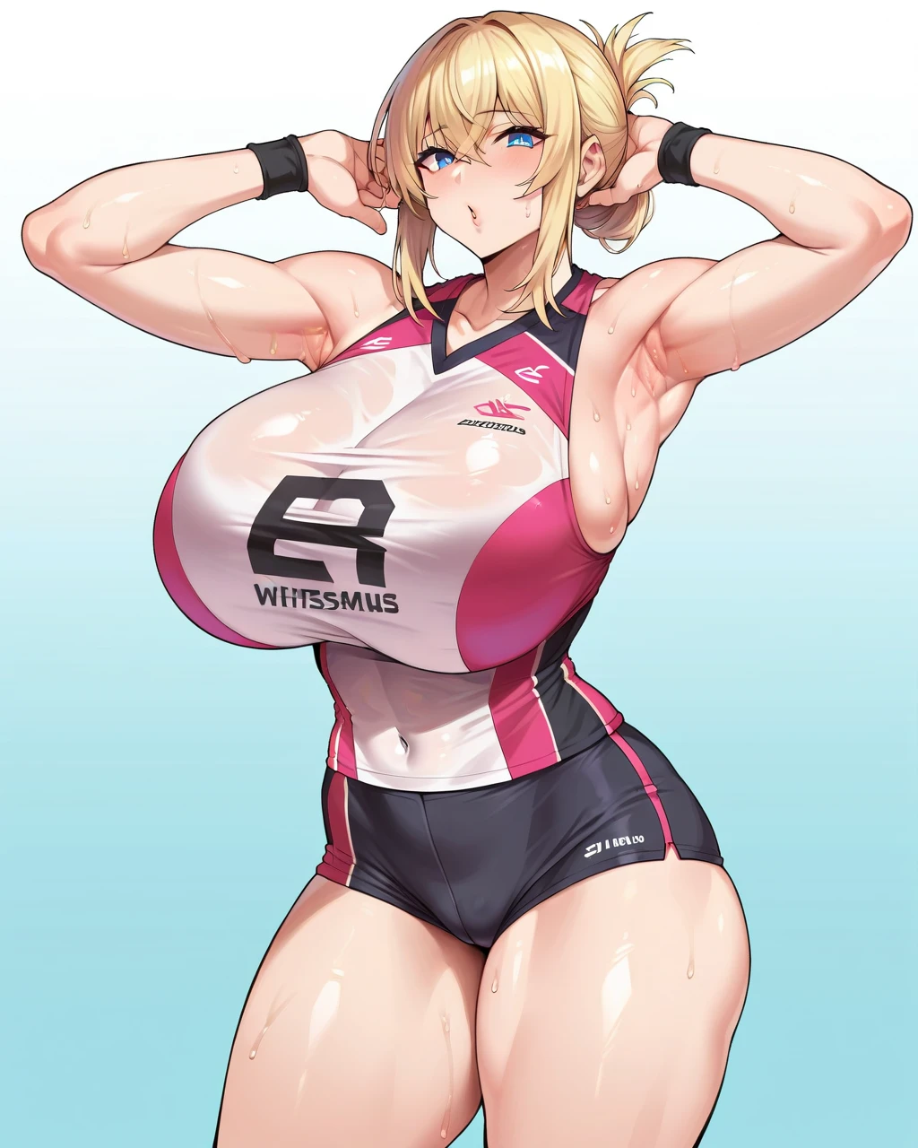  score_9,  score_8_up,  score_7_up, source_anime,  Light Background , looking at viewer,  cowboy shot,  from the front,  1 woman, white volleyball uniform, black shorts,  sheer clothes, ((( huge breasts))), (((Thick legs))), folded ponytail, crossed bangs, Blonde, Blue Eyes, sweat,  show armpits,  cross hands behind the head