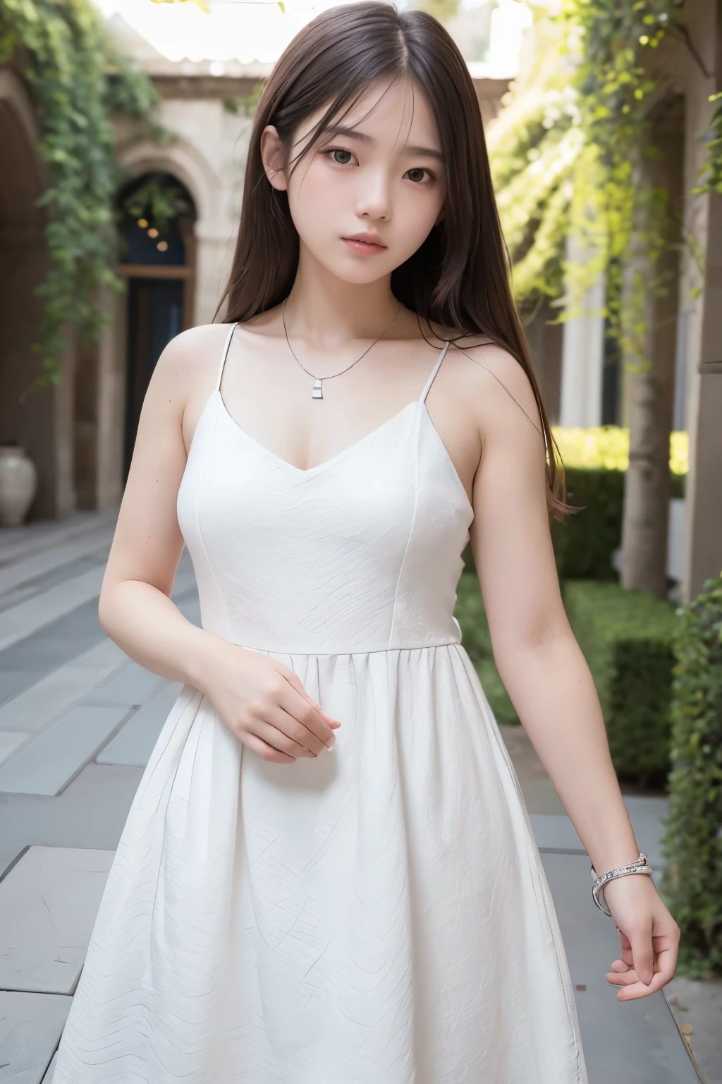 1girl,highres, high quality, masterpiece, bare shoulder, white dress, breakwater, dyke,