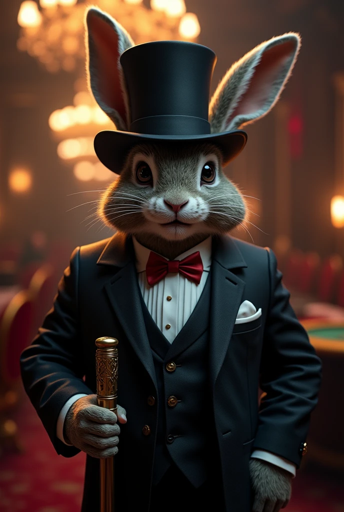 Rabbit with top hat and pool cards, post apocalyptic robotic, ANDROID, Anthropomorphic
