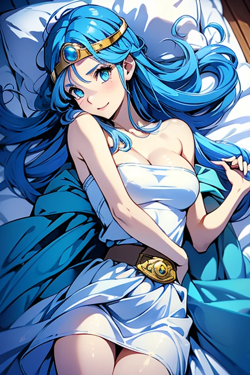  best quality, sage,  Dragon Quest 3 , Blue Hair, Attach a gold ring with a gemstone embedded in it to your forehead,  white dress,  Blue Cloak,  IN BED, ((Young face)),  lying on your back ,   crotch,  (( smaller breasts)). (smile),  open her mouth 