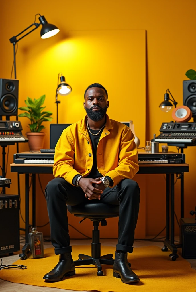 HIGH END CGI A HIP BLACK HOP ARTIST SITTING IN A STUDIO BUNKER WEARING A LEGENDARY TRAXSTER GOLD CHAIN SURROUNDED AROUND BEATMACHINES WIDE SHOT