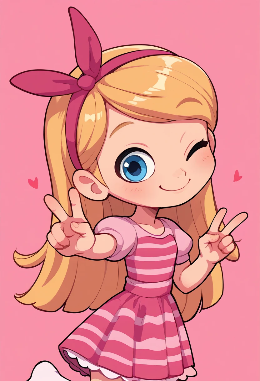 (((Masterpiece))), 1girl, one eye closed, peace sign, cute smile, cute art, cute, kawaii, left eye closed looking at viewer, high quality, blonde hair, blue eyes, long hair, hairband, pink dress, white long tube socks, happy, pink background, penny peterson