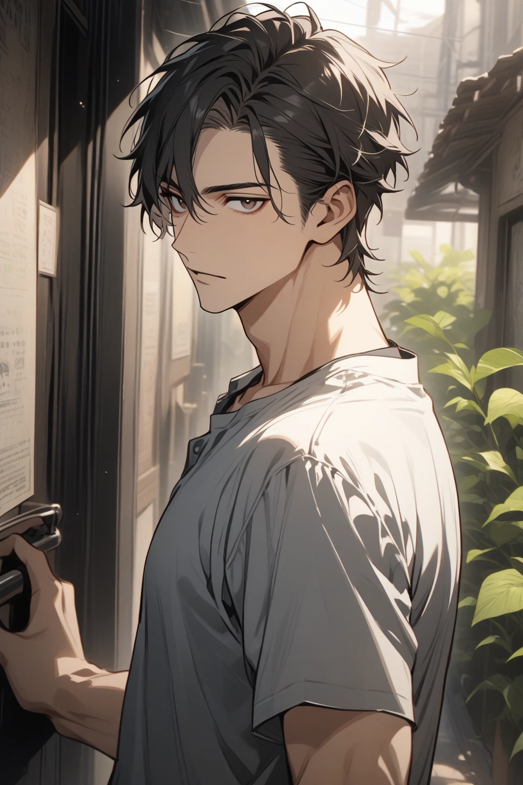 Man, handsome, short black hair, dark eyes, shirt