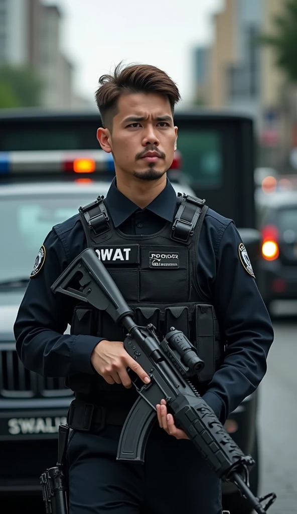 Closeup photograph of fr1, wearing Tactical Police Vest, Ballistic Helmet, Sunglasses, Utility Belt, Pepper Spray RAW photo, 8k uhd, dslr, soft lighting, high quality, film grain, highly detailed face, ultra detailed, masterpiece quality, Fujifilm XT3, Kodak <lora:FrankReynolds:1>