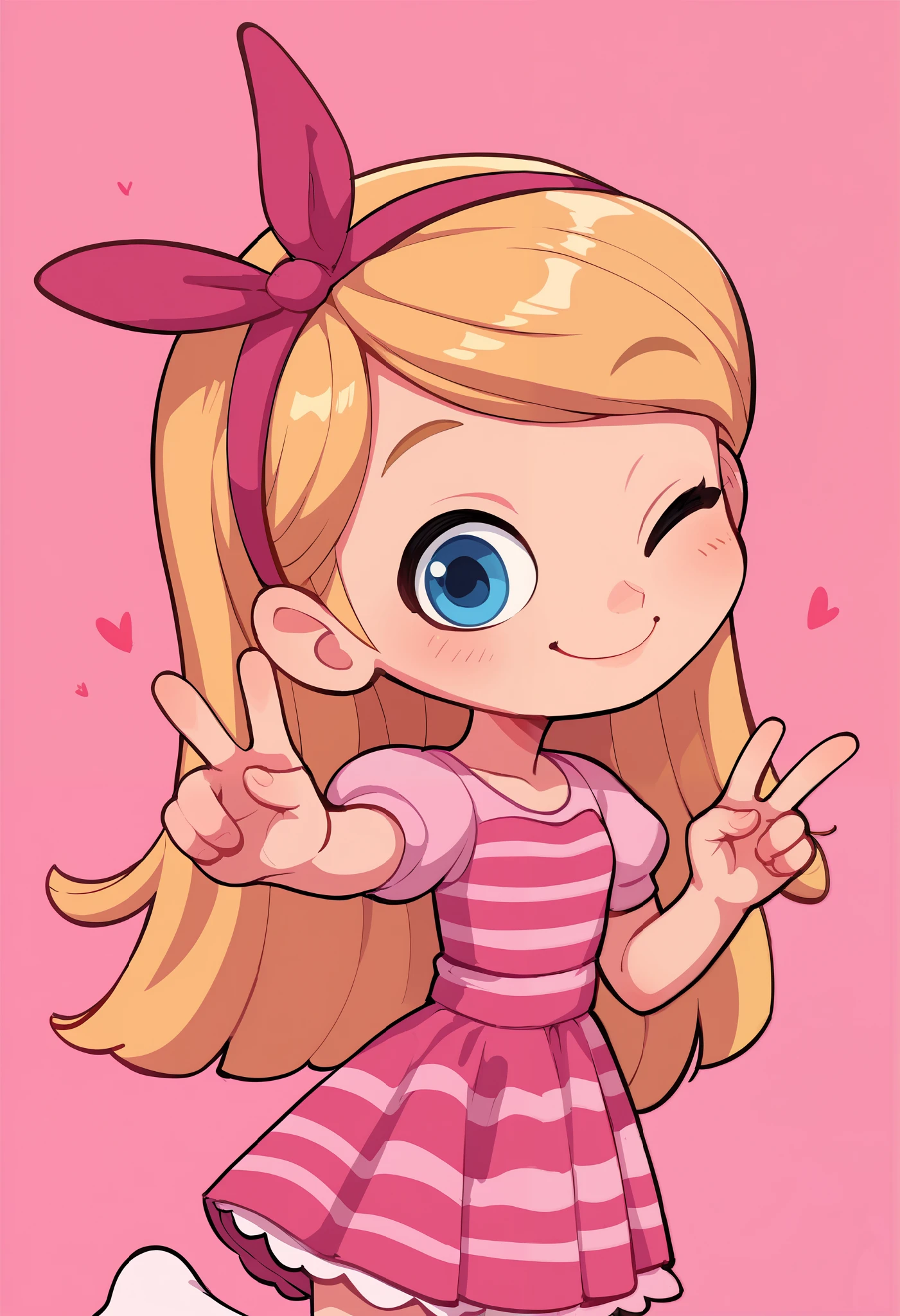 (((Masterpiece))), 1girl, one eye closed, peace sign, cute smile, cute art, cute, kawaii, left eye closed looking at viewer, high quality, blonde hair, blue eyes, long hair, hairband, pink dress, white long tube socks, happy, pink background, penny peterson