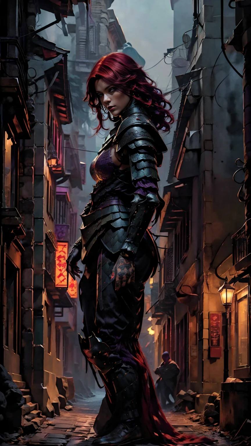 Highly detailed, realistic, cinematic, masterpiece, medium full shot, gorgeous woman with an average-sized chest, thief. (red hair:1.3), (green eyes:1.3), (tattoos covering her body:1.2). Wearing form-fitting black, red, and dark purple leather fantasy rogue armor with intricate straps, buckles, and delicate embroidery, emphasizing her agility and stealth (armor colors: black, red, dark purple:1.5). No metal armor or bulky elements. Set in a foggy fantasy city background with glowing lanterns and cobblestone streets, her pose is graceful and confident, evoking a sense of cunning and allure. (looking at viewer:1.2), (front view). Atmospheric lighting with a cinematic bokeh effect (bokeh:1.3).