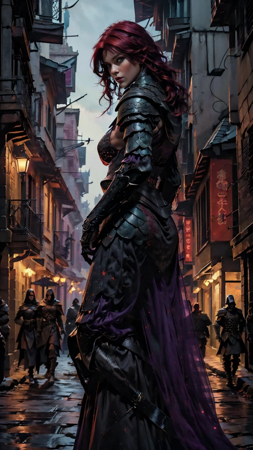 Highly detailed, realistic, cinematic, masterpiece, medium full shot, gorgeous woman with an average-sized chest, thief. (red hair:1.3), (green eyes:1.3), (tattoos covering her body:1.2). Wearing form-fitting black, red, and dark purple leather fantasy rogue armor with intricate straps, buckles, and delicate embroidery, emphasizing her agility and stealth (armor colors: black, red, dark purple:1.5). No metal armor or bulky elements. Set in a foggy fantasy city background with glowing lanterns and cobblestone streets, her pose is graceful and confident, evoking a sense of cunning and allure. (looking at viewer:1.2), (front view). Atmospheric lighting with a cinematic bokeh effect (bokeh:1.3).