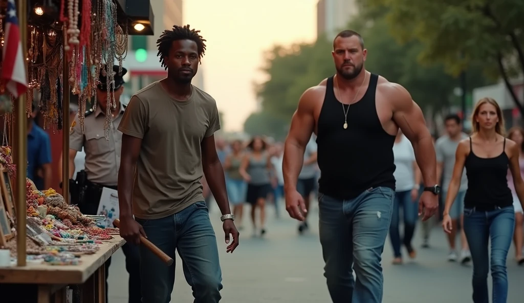 Black man on sidewalk and blue t-shirt, with a fanny pack and a white helmet, fat guy with a big ass in a diaper