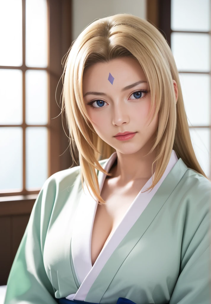 score_9, score_8_up, score_7_up, score_6_up, Photorealistic, real photo, god rays, highres, sharp focus, pixiv masterpiece, ((intricate details)), highly detailed,  upper body, 1girl, mature, blonde hair, blue forehead mark,white kimono, green jacket, sash, tsunade_senju, 