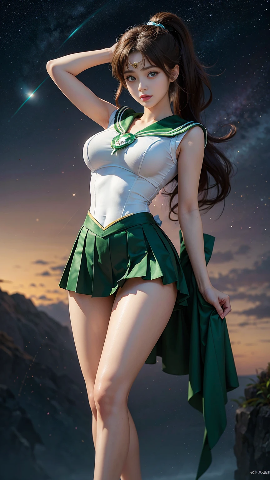   Masterpiece ,  It's high definition  ,8k resolution, It's high definition  model, Sailor Moon Jupiter ,  Beautiful Young Japanese Woman  ,1 person, Stunning High  , Little Smiles , Jupiter and Space Background  ,(  Green Sailor Warrior Uniform ),  Green Ultra Short Mini Skirt  ,  beautiful face, cute type,baby face,Slightly round face,Beautiful green eyes,  big eyes,Obvious double, Sparkling eye highlights,   Big Natural Colored Lips   , Light brown long hair ,  ponytail,  Beautiful Asymmetric Bang  ,   Floating Hair Nova Frog Style,   super real,  anatomically accurate  , textured skin,   perfect figure  ,  beautiful legs,  thick thighs  ,Big Breasts, balanced figure,