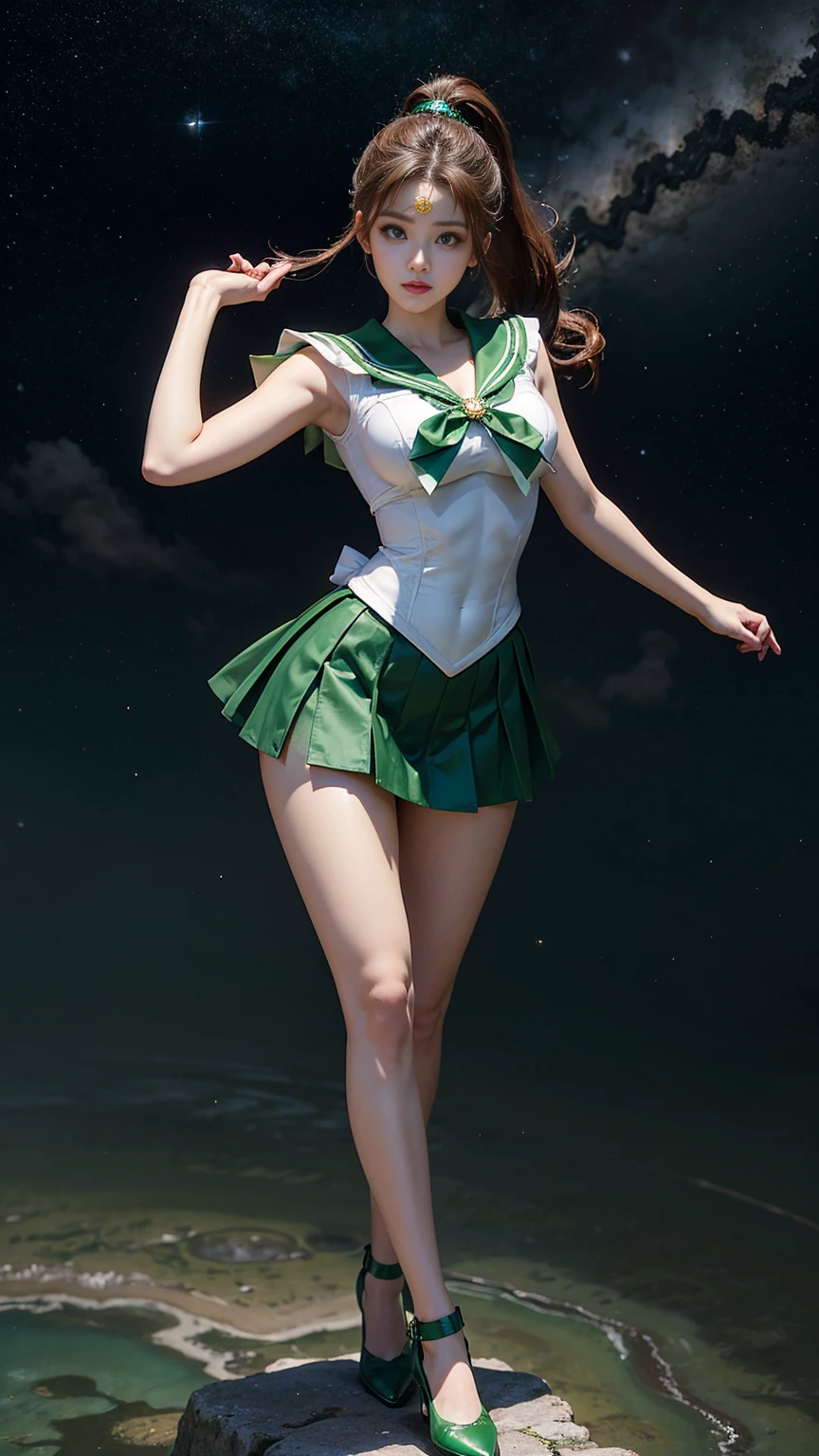   Masterpiece ,  It's high definition  ,8k resolution, It's high definition  model, Sailor Moon Jupiter ,  Beautiful Young Japanese Woman  ,1 person, Stunning High  , Little Smiles , Jupiter and Space Background  ,(  Green Sailor Warrior Uniform ),  Green Ultra Short Mini Skirt  ,  beautiful face, cute type,,Slightly round face,Beautiful green eyes,  big eyes,Obvious double, Sparkling eye highlights,   Big Natural Colored Lips   , Light brown long hair ,  ponytail,  Beautiful Asymmetric Bang  ,   Floating Hair Nova Frog Style,   super real,  anatomically accurate  , textured skin,   perfect figure  ,  beautiful legs,  thick thighs  ,Big Breasts, balanced figure,