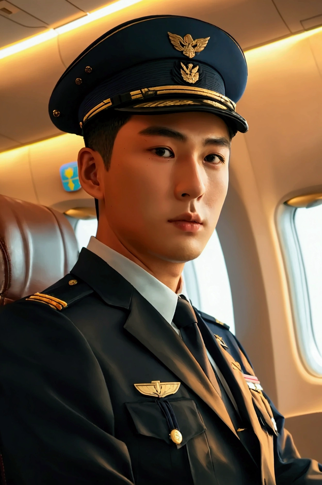 ((Men only)), (head shot), (handsome muscular man in his 20s), (pilot), (The male pilot wears uniform, adorned with insignia, complemented by a fitted cap), (airplane in the background), (short hair), (Mischievous smile), (detaile: 1 in 1), Natural muscles, HIG quality, beautidful eyes, (Detailed face and eyes), (Face、: 1 / 2), Noise, Real Photographics、... .................................................................................................................PSD, Sharp Focus, High resolution 8K, realisitic & Professional Photography, 8K UHD, Soft lighting, High quality, Film grain, FujifilmXT3