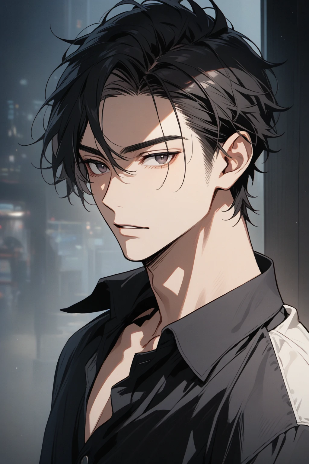 Man, handsome, short black hair, dark eyes, shirt