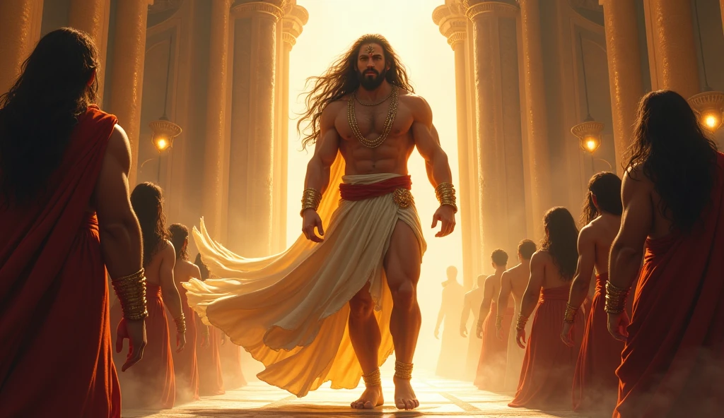 “A grand scene showing Karna being honored as ‘Daanveer Karna.’ A group of villagers, warriors, and celestial beings are gathered around him in admiration. Karna stands tall, looking humble yet strong, wearing simple clothes after giving away his armor. Above him, a faint aura glows, symbolizing his greatness and the respect he commands from everyone around.”