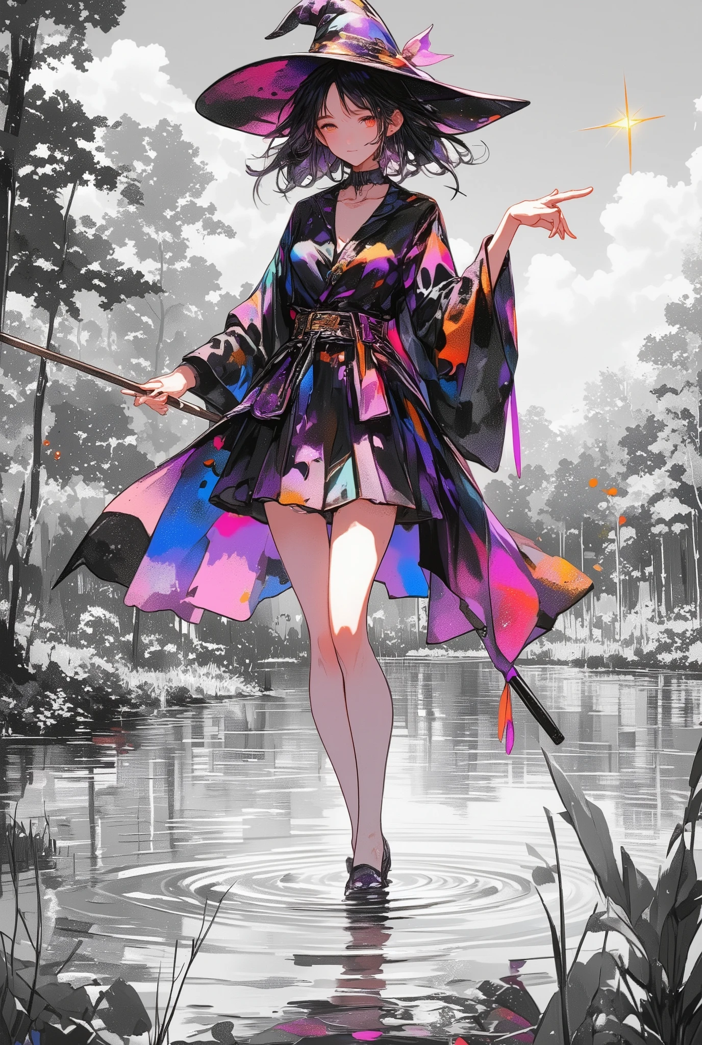 Illustration of woman with color on black and white background, Magic activation with wand,witch in mini skirt with wand floating on quiet lake, flared skirt, magic of silence, magic to stop time,Magic activation with wand, skirt flares under influence of magic, black and white nature background、witch in bright colors,hand,Anatomically correct, witch hat, witch robe