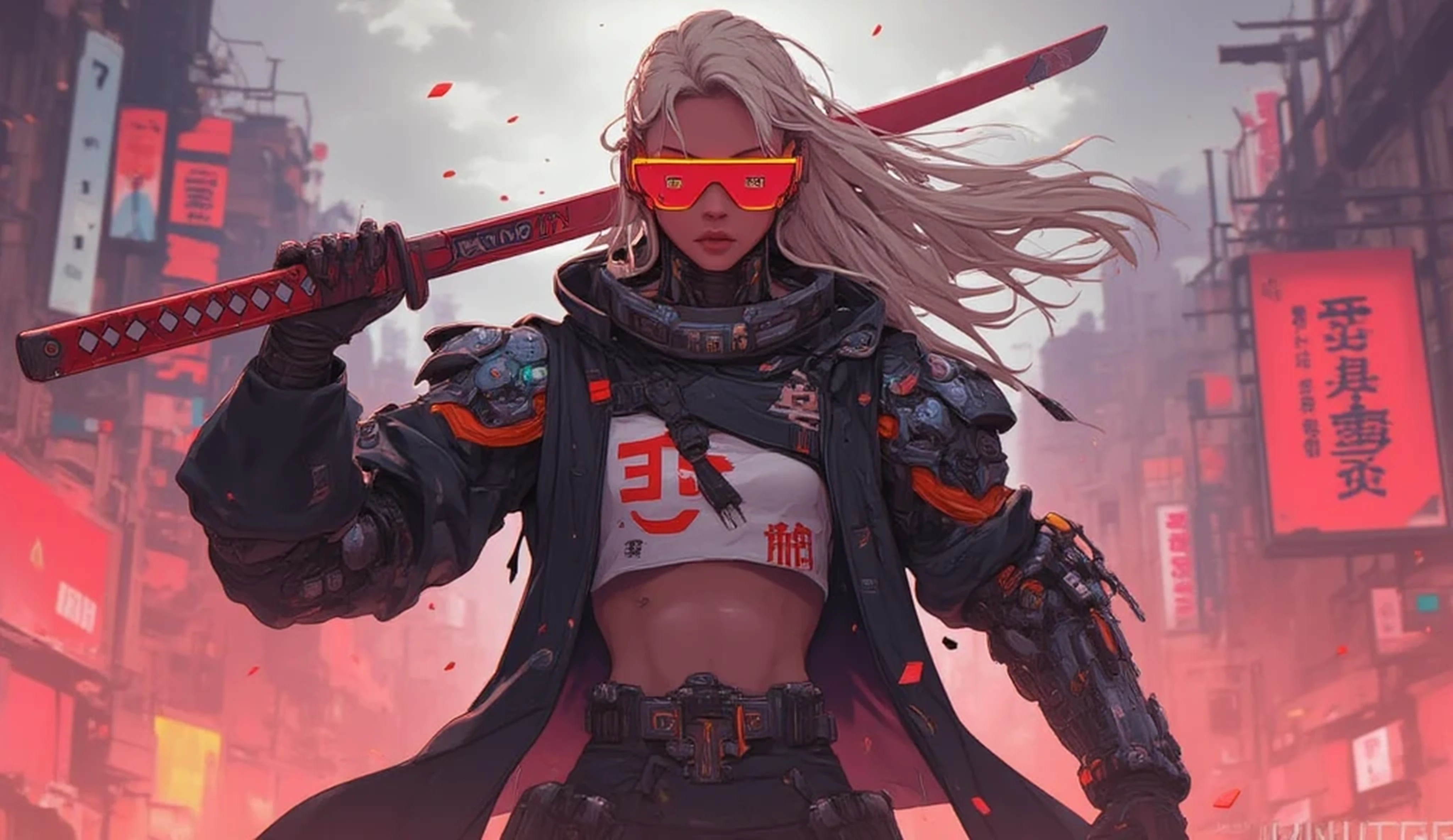 a woman with long hair and wearing digital red glasses and black croped top kimono with cyberweres and armors, she fights in 3D motion perspective view, she is in rage and anger and shouts, she is in a spatial depth of field fighting stance holding a red cyber katana in her hand, the camera angle is slightly from bellow, 