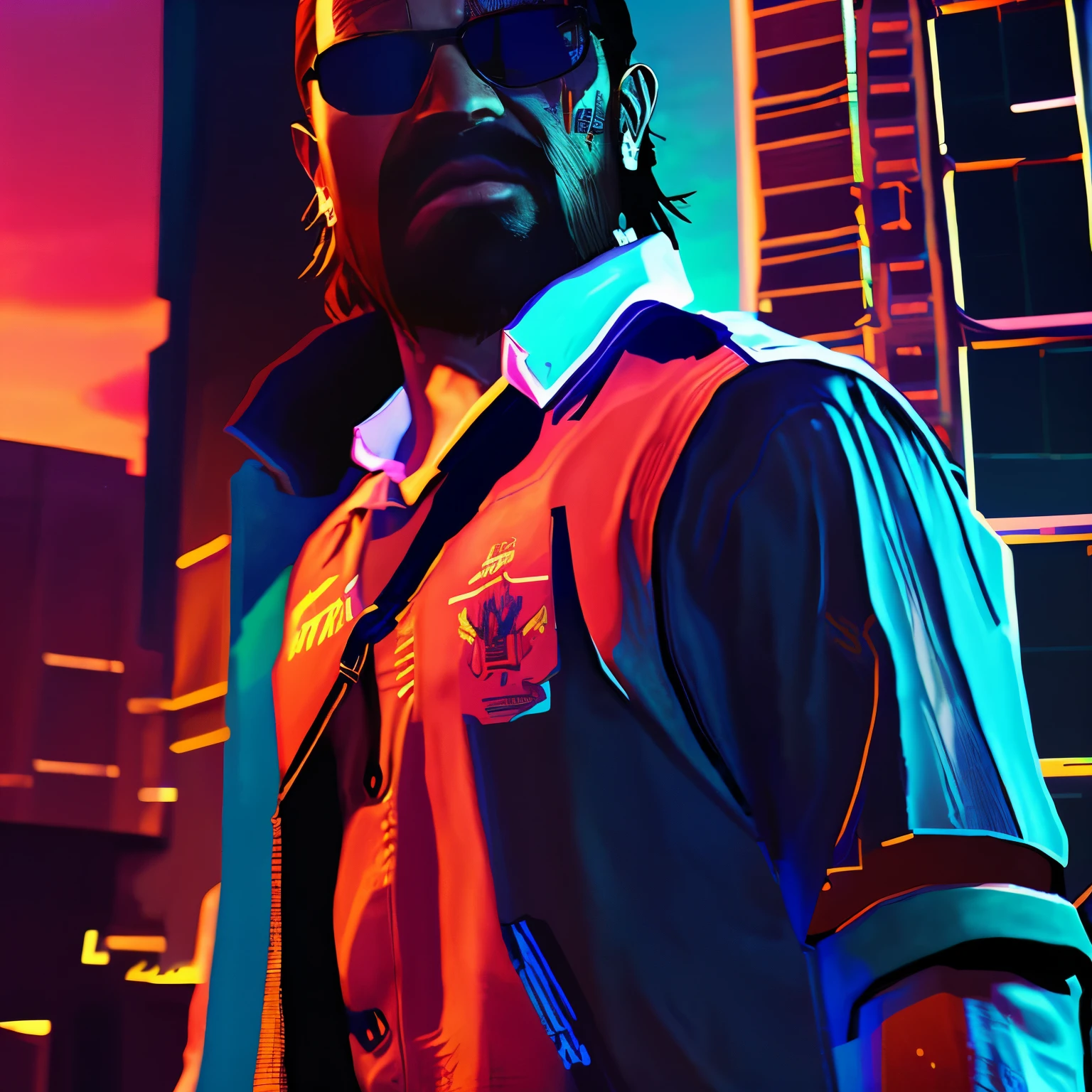  color photograph of a Neocruz man, messy hair,  medium hair with shirt and tie , Martin then, Portrait of the work,  Detailed digital art in 4k ,  HQ 4K phone wallpaper , Arte digital cyberpunk,  GTA V style artwork , Martín then ,  Flower tattoos all over the body , vector art, GTA Vice City style art, Cyberpunk art style, HQ 4K wallpaper,  GTA Vice City art style 