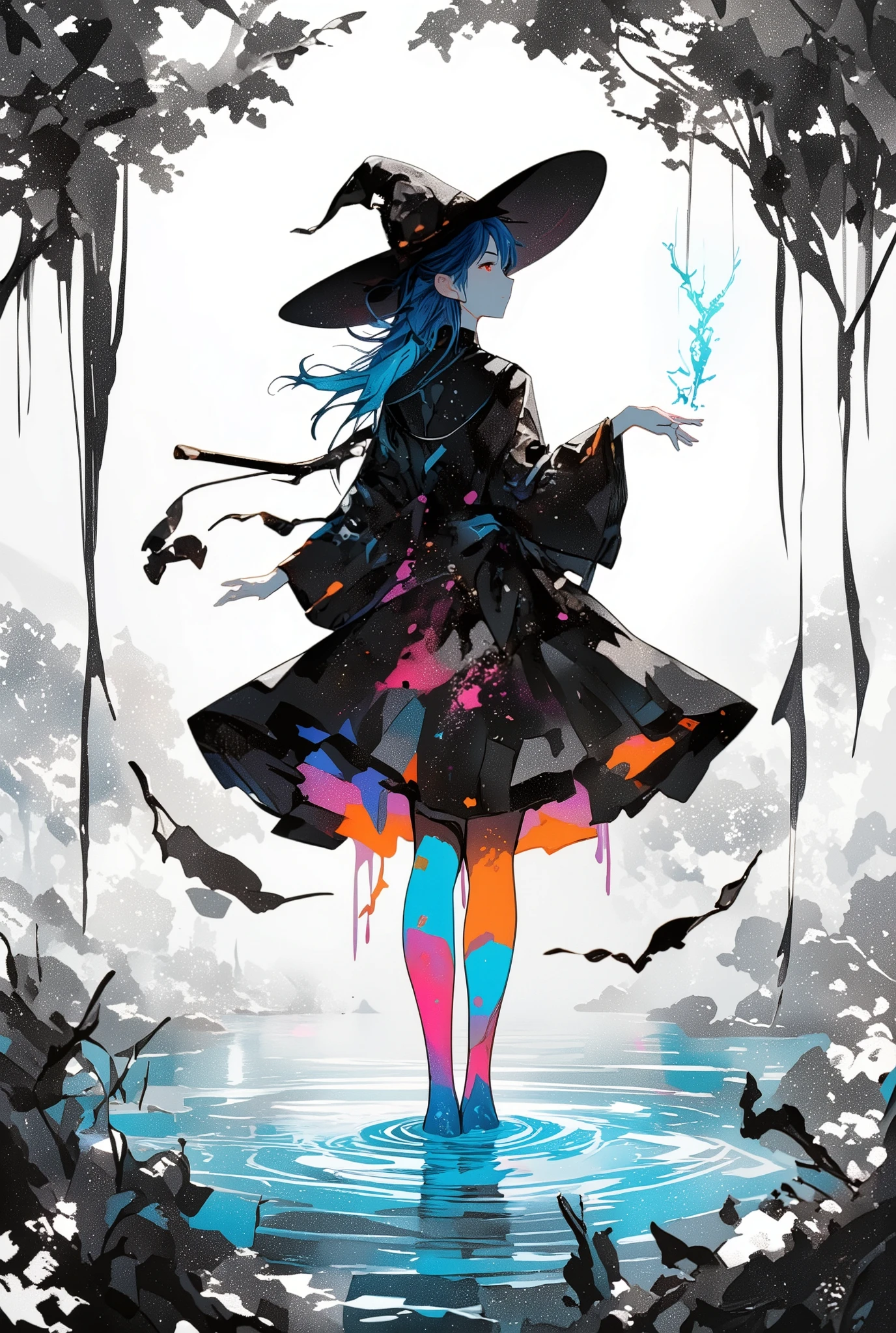 Illustration of woman with color on black and white background, Magic activation with wand,witch in mini skirt with wand floating on quiet lake, flared skirt, magic of silence, magic to stop time,Magic activation with wand, skirt flares under influence of magic, black and white nature background、witch in bright colors,hand,Anatomically correct, witch hat, witch robe