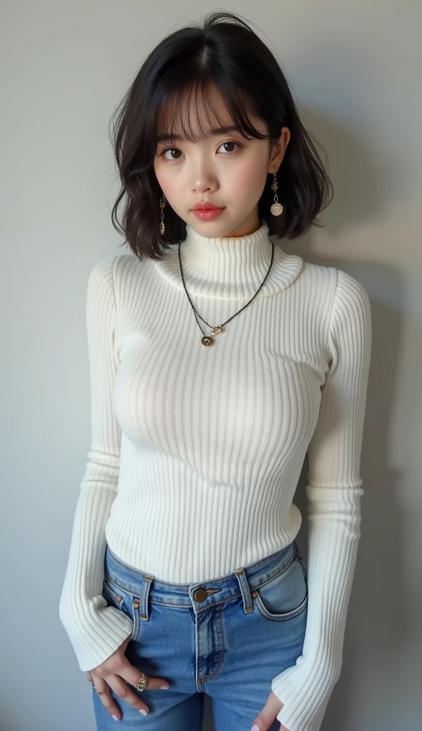 19 years old 、bangss、tight white turtleneck sweater, 、Tight jeans pants, ((タンクトップ))、Medium milk, cute  face、(Butt sticking out pose)、(turned around)、sexy hips、Parks with lakes、Big necklace、earrings、Photos showing the whole body((Short Hair))