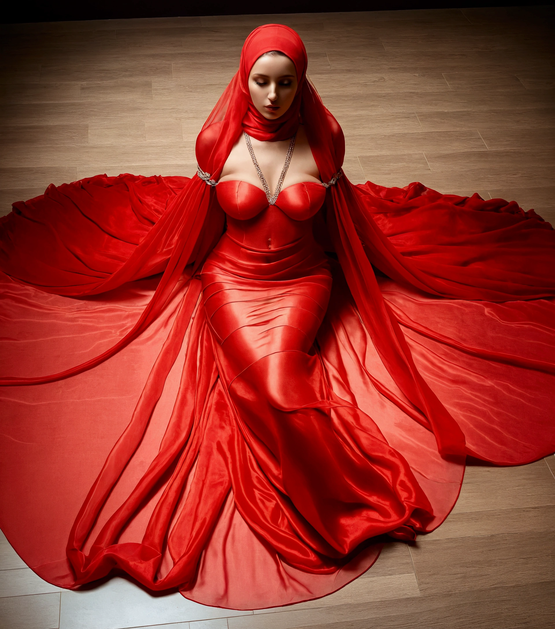 An alluring woman shrouded in a 4-meter-long, plush red satin cloth, tightly bound and grandly draping along the form of her body, flowing off into a pooled floor-length train, styled in a mermaid-inspired outfit, half naked, leg and arm tied with satin cloth, wear high heels, her head modestly veiled in a satin hijab, shiny fabric, a full-body pose conveying a sense of mysterious elegance, captured in a 4k resolution, ultra-realistic