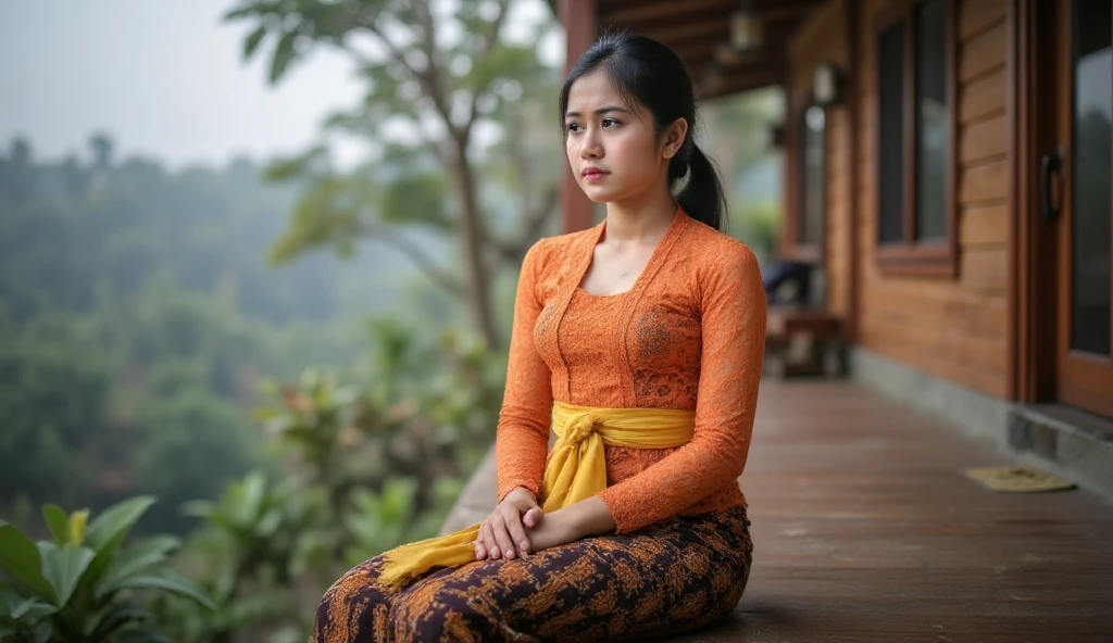 An Indonesian  girl with a slim figure, wearing an orange kebaya and a yellow scarf tied as a waistcloth, complemented by a long dark brown batik skirt. She is sitting on the veranda of a traditional wooden house located at the edge of a lush forest. The scene is misty, with dramatic lighting highlighting her emotional expression as she cries. The setting captures the quiet, somber mood, with intricate details of the batik pattern and wooden textures. The atmosphere is serene yet poignant, emphasizing the girl's solitude and raw emotion. Realistic photo, looking side, serious expressions, diagonal angle, dynamic composition