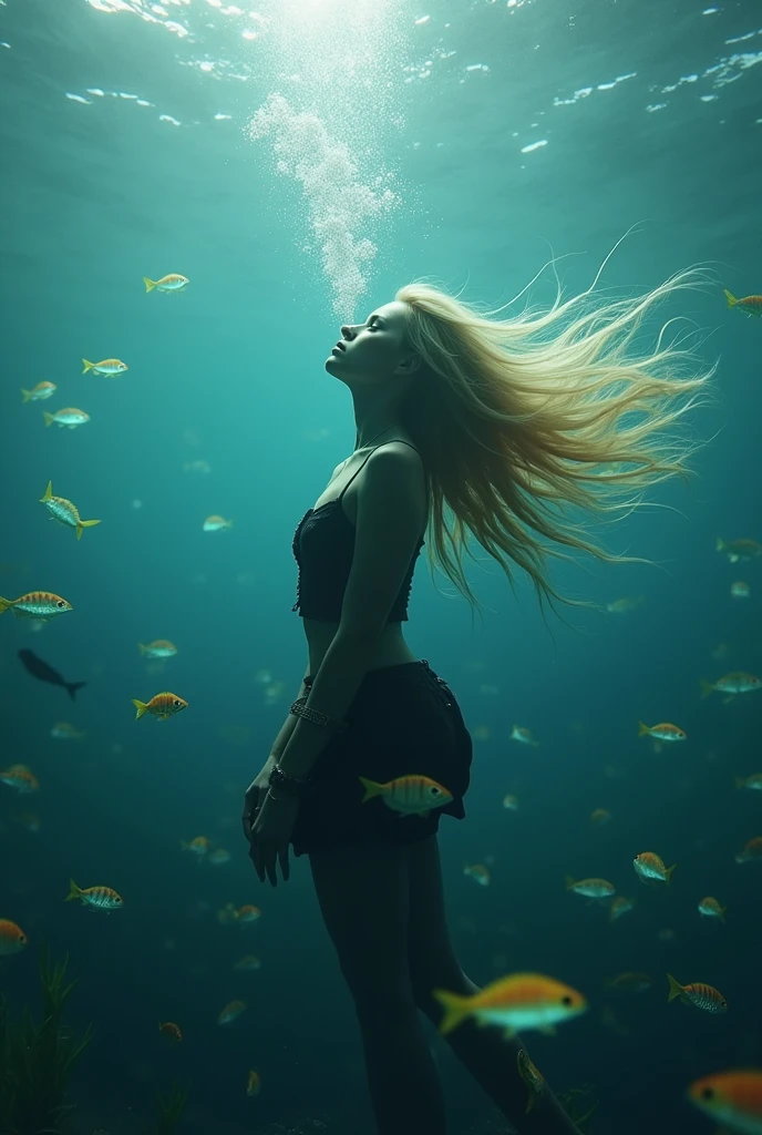 AN OLD WOMAN, quite lean, with white hair, Waist slender, wearing a black swimsuit swimming at the bottom of the pool being shocked by an electric fish with the blue of the shock being visible