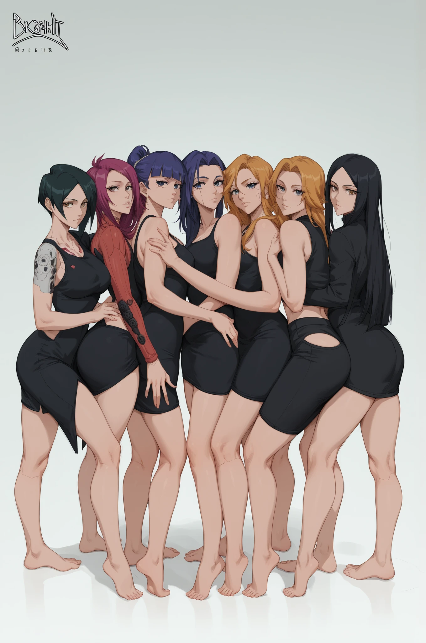 (highest quality)), (masterpiece), (detail), many female androids, all have colorful internal skeletons in full view except their faces, all have different heights, top bottoms, and arm and leg shapes, all have perfect human faces, all have beautiful faces, all standing, multiple poses, group, everyone is looking at me, full body shot. ,