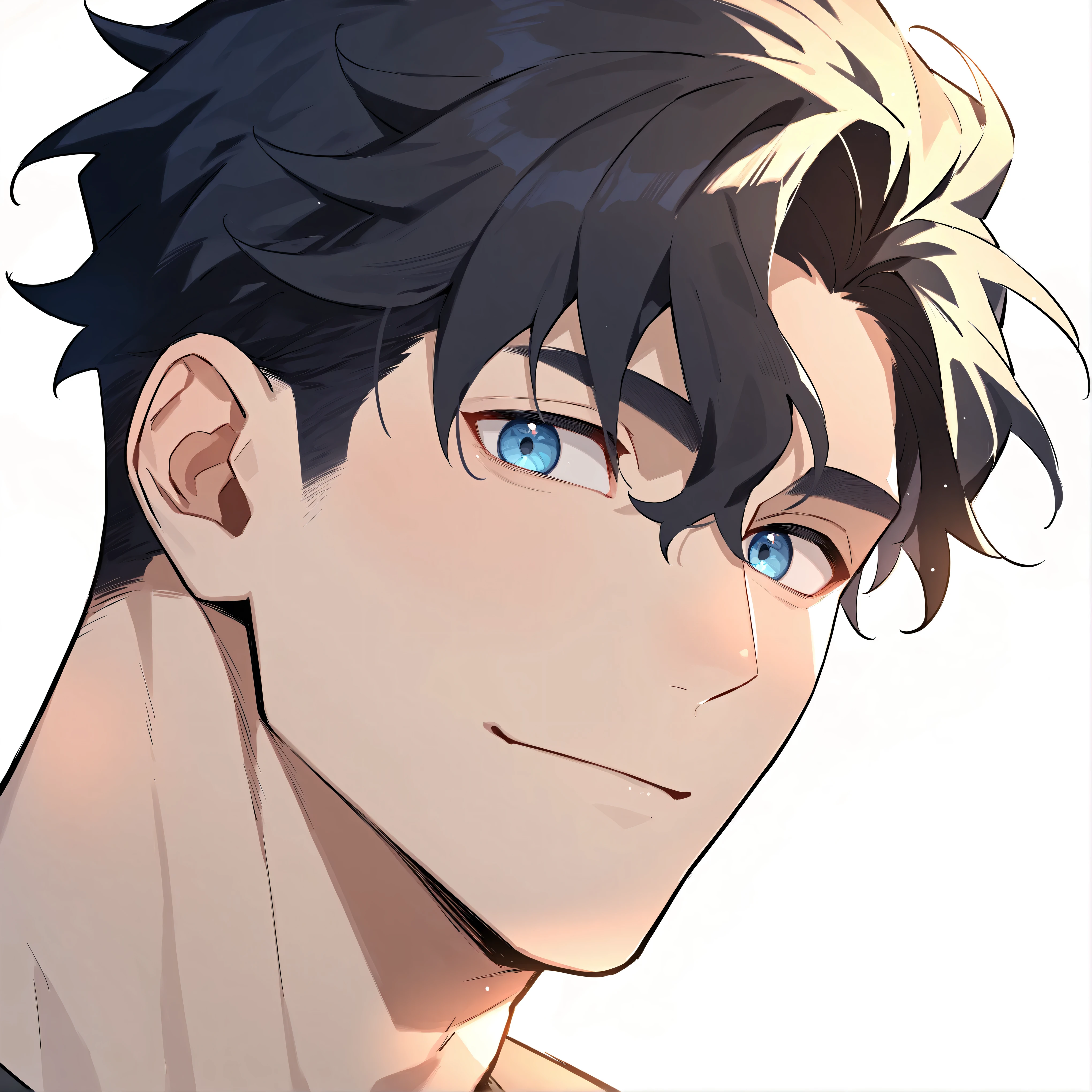 1boy, male focus, eyes focus, handsome male, tall male, muscular, muscular male, black tshirt, solo, upper body, looking at viewer, very black hair, wavy hair, blue eyes, bangs, simple background, best quality, amazing quality, best aesthetic, absurdres
