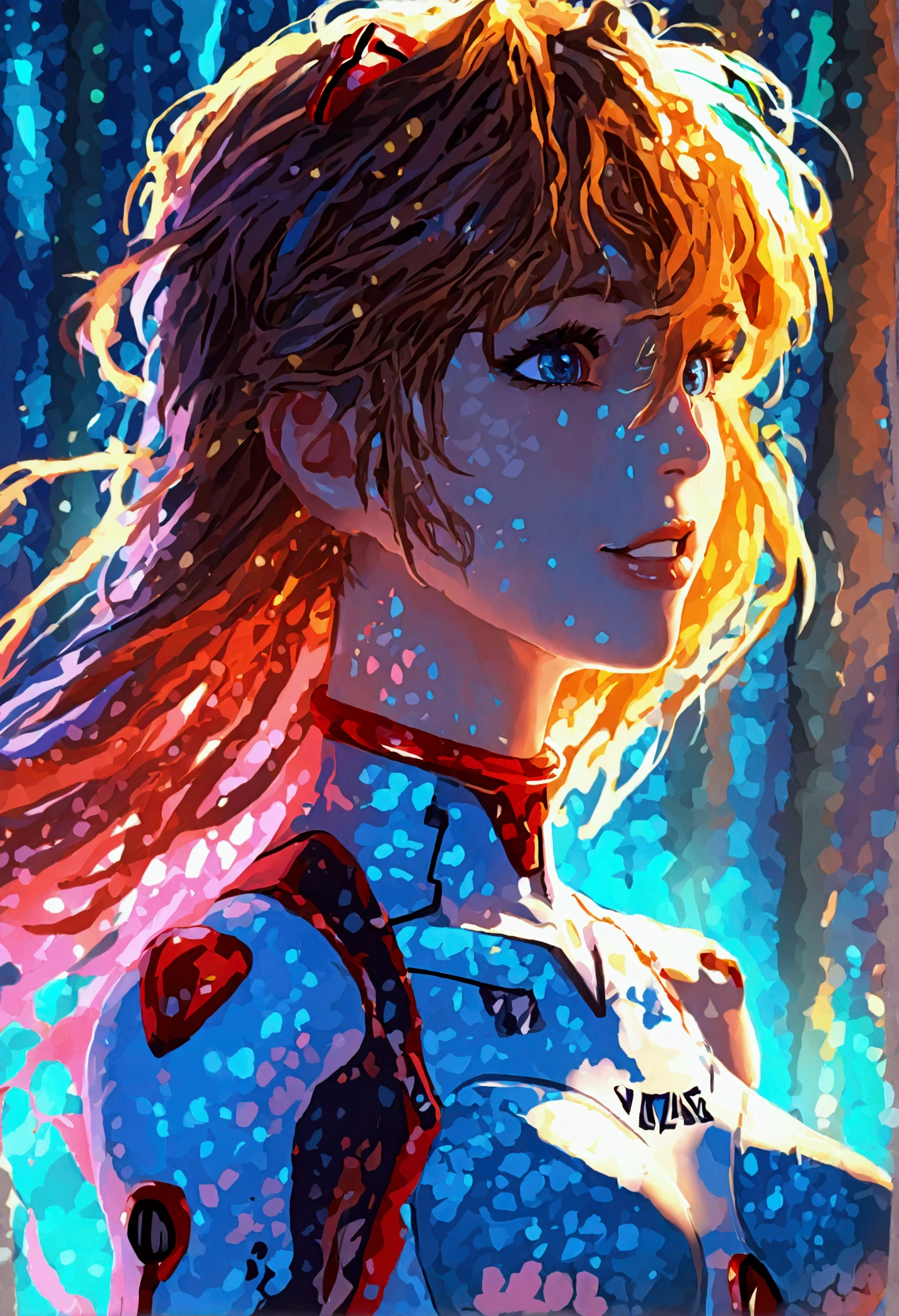 1girl, solo, souryuu asuka langley,

long hair, blonde hair, blue eyes, hairpods, bodysuit, grin, v,

field, night, lightning, wind, forest, running,

best quality, amazing quality, very aesthetic,Pechos, Senos grandes,Ojos violetas, 