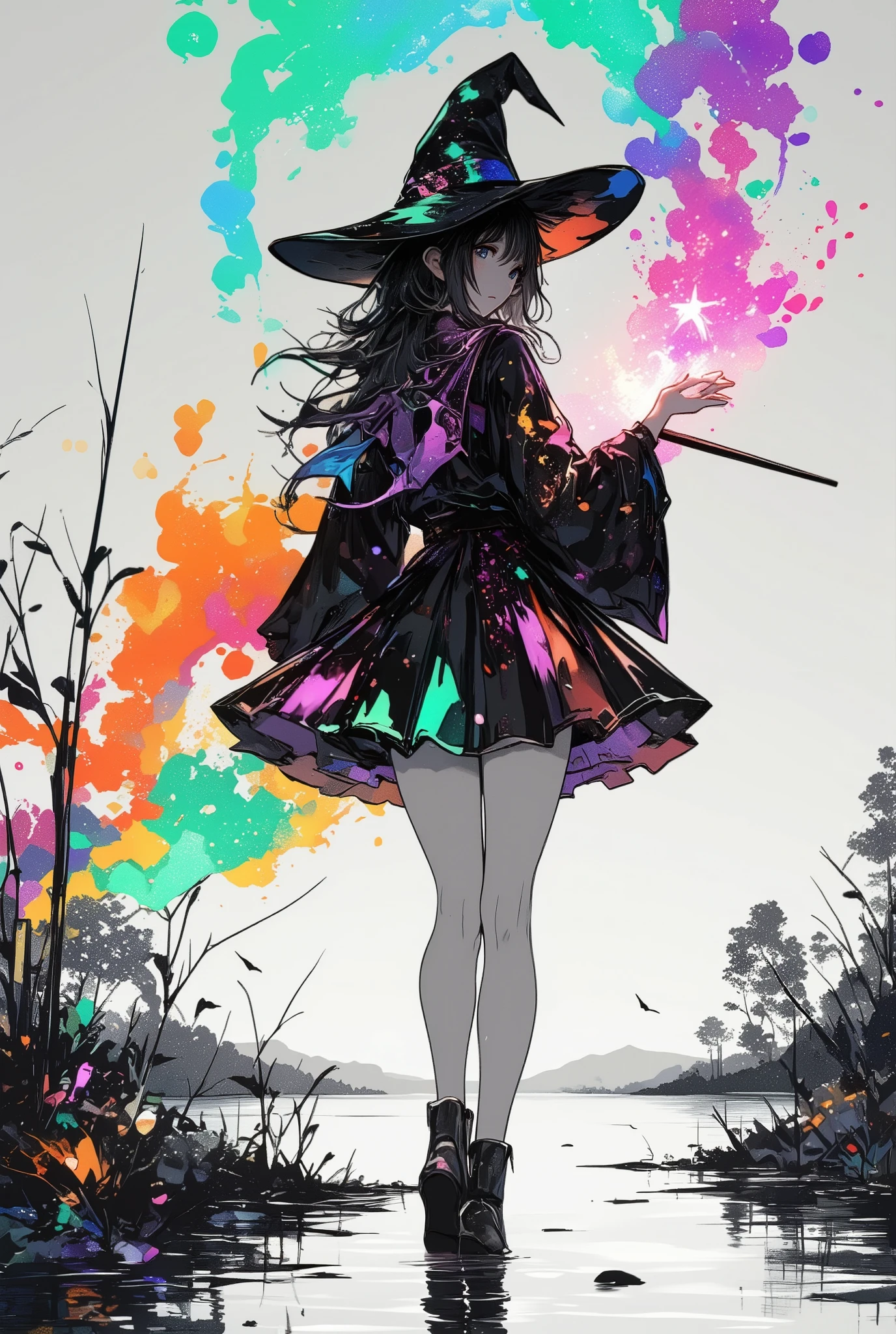 Illustration of woman with color on black and white background, Magic activation with wand,witch in mini skirt with wand floating on quiet lake, flared skirt, magic of silence, magic to stop time,Magic activation with wand, skirt flares under influence of magic, black and white nature background、witch in bright colors,hand,Anatomically correct, witch hat, witch robe