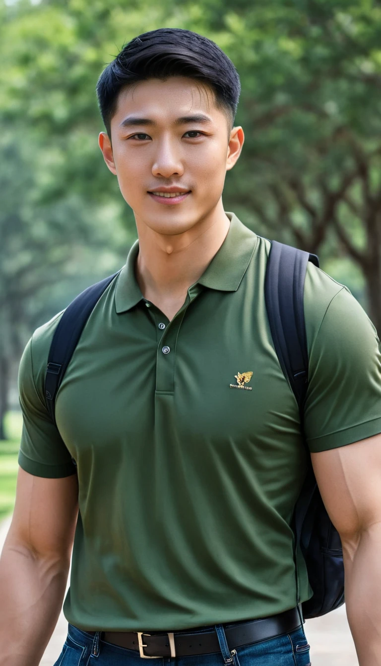 1boy, orimale ,Orimura, black_eyes, black_hair, male_focus, realistic ,  bright eyes  ,smile, Buzz Cut Drop Fade , Handsome Chinese Man with a Little Mustache , is muscular ,blood vessel,Broad shoulders, Wear a olivegreen polo shirt with short sleeves without a logo and jeans. Backpack