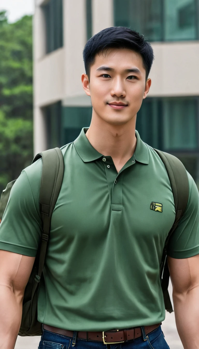 1boy, orimale ,Orimura, black_eyes, black_hair, male_focus, realistic ,  bright eyes  ,smile, Buzz Cut Drop Fade , Handsome Chinese Man with a Little Mustache , is muscular ,blood vessel,Broad shoulders, Wear a olivegreen polo shirt with short sleeves without a logo and jeans. Backpack