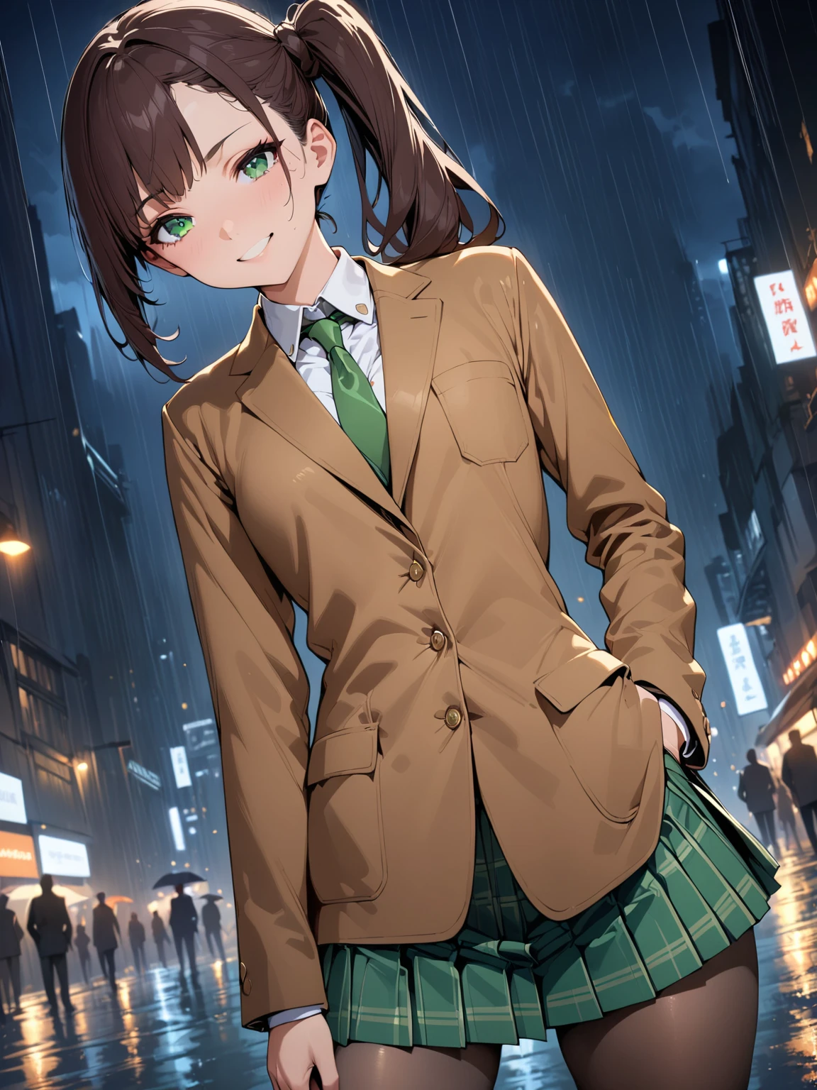 masterpiece, best quality, very aesthetic, semi-realistic anime, Sharp Focus, high contrast, 1girl, detailed green eyes, half opened mouth, smile, dark brown silky hair, hair pulled back, side ponytail, contrapposto, Captivating thighs, uniform, brown blazers, (hads in pocket, unbutton), Green tie, Plaid Pleated Skirt, black tights, rainy city, at night