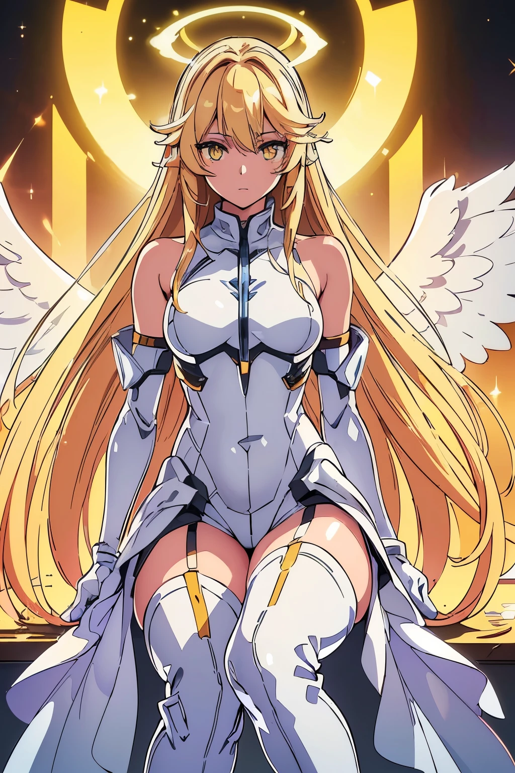 Anime, Girl, (((1girl))), (((Waifu, Danmachi, Ais Wallenstein Waifu))), (((Golden Blonde Hair, Long Hair))), ((Golden Yellow Eyes eyes:1.3, Star Eyes, Upturned Eyes: 1, Perfect Eyes, Beautiful Detailed Eyes, Gradient eyes: 1, Finely Detailed Beautiful Eyes: 1, Symmetrical Eyes: 1, Big Highlight On Eyes: 1.2)), (((Lustrous Skin: 1.5, Bright Skin: 1.5, Skin Fair, Shiny Skin, Very Shiny Skin, Shiny Body, Plastic Glitter Skin, Exaggerated Shiny Skin, Illuminated Skin))), (Detailed Body, (Detailed Face)), (((Sad expression))), Young, Guarded Pose, (Best Quality), (((Golden Angel Wings))), (((Technological Halo over head))), (((Halo of golden light behind body))), ((((Techwear))), (((Thigh-high Heeled Boots))), High Resolution, Sharp Focus, Ultra Detailed, Extremely Detailed, Extremely High Quality Artwork, (Realistic, Photorealistic: 1.37), 8k_Wallpaper, (Extremely Detailed CG 8k), (Very Fine 8K CG), ((Hyper Super Ultra Detailed Perfect Piece)), (((Flawlessmasterpiece))), Illustration, Vibrant Colors, (Intricate), High Contrast, Selective Lighting, Double Exposure, HDR (High Dynamic Range), Post-processing, Background Blur