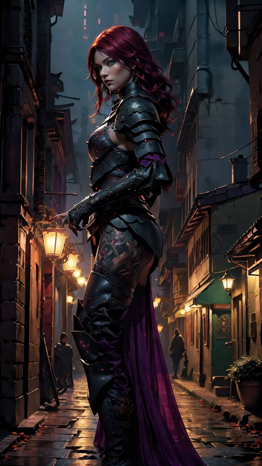 Highly detailed, realistic, cinematic, masterpiece, medium full shot, gorgeous woman with an average-sized chest, thief. (red hair:1.3), (green eyes:1.3), (tattoos covering her body:1.2). Wearing form-fitting black, red, and dark purple leather fantasy rogue armor with intricate straps, buckles, and delicate embroidery, emphasizing her agility and stealth (armor colors: black, red, dark purple:1.5). No metal armor or bulky elements. Set in a foggy fantasy city background with glowing lanterns and cobblestone streets, her pose is graceful and confident, evoking a sense of cunning and allure. (looking at viewer:1.2), (front view). Atmospheric lighting with a cinematic bokeh effect (bokeh:1.3).