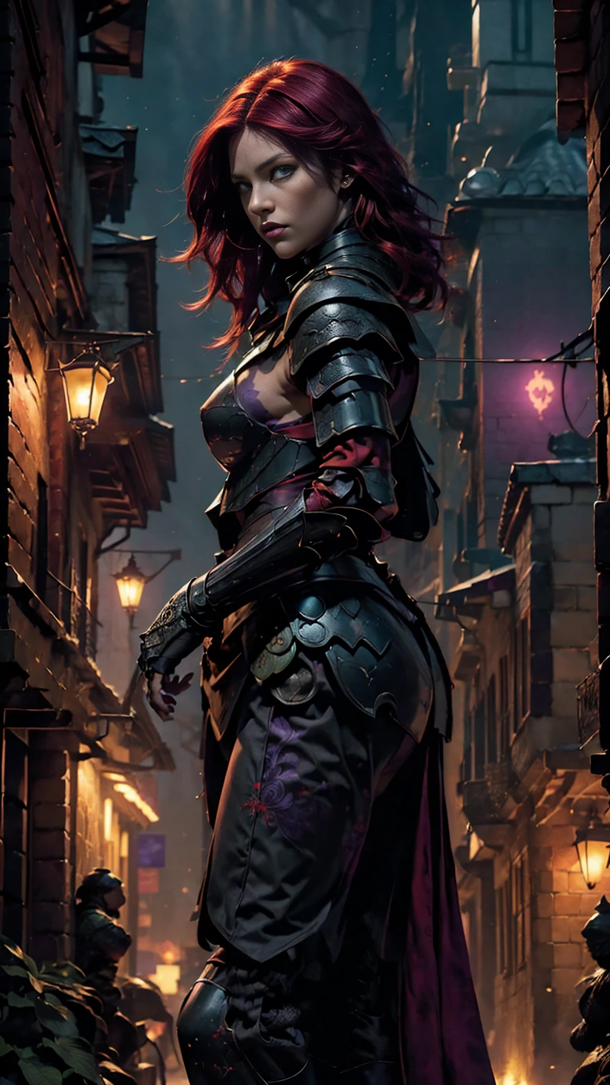 Highly detailed, realistic, cinematic, masterpiece, medium full shot, gorgeous woman with an average-sized chest, thief. (red hair:1.3), (green eyes:1.3), (tattoos covering her body:1.2). Wearing form-fitting black, red, and dark purple leather fantasy rogue armor with intricate straps, buckles, and delicate embroidery, emphasizing her agility and stealth (armor colors: black, red, dark purple:1.5). No metal armor or bulky elements. Set in a foggy fantasy city background with glowing lanterns and cobblestone streets, her pose is graceful and confident, evoking a sense of cunning and allure. (looking at viewer:1.2), (front view). Atmospheric lighting with a cinematic bokeh effect (bokeh:1.3).