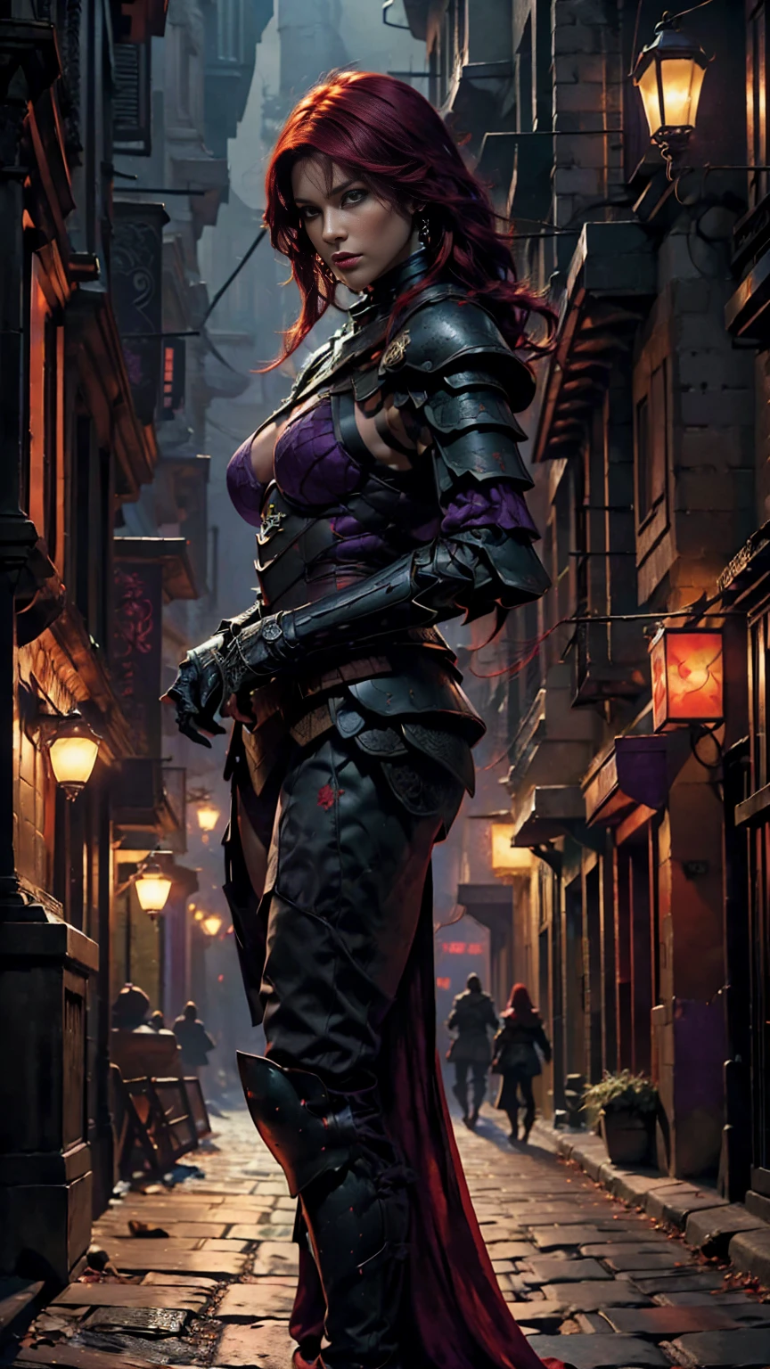 Highly detailed, realistic, cinematic, masterpiece, medium full shot, gorgeous woman with an average-sized chest, thief. (red hair:1.3), (green eyes:1.3), (tattoos covering her body:1.2). Wearing form-fitting black, red, and dark purple leather fantasy rogue armor with intricate straps, buckles, and delicate embroidery, emphasizing her agility and stealth (armor colors: black, red, dark purple:1.5). No metal armor or bulky elements. Set in a foggy fantasy city background with glowing lanterns and cobblestone streets, her pose is graceful and confident, evoking a sense of cunning and allure. (looking at viewer:1.2), (front view). Atmospheric lighting with a cinematic bokeh effect (bokeh:1.3).